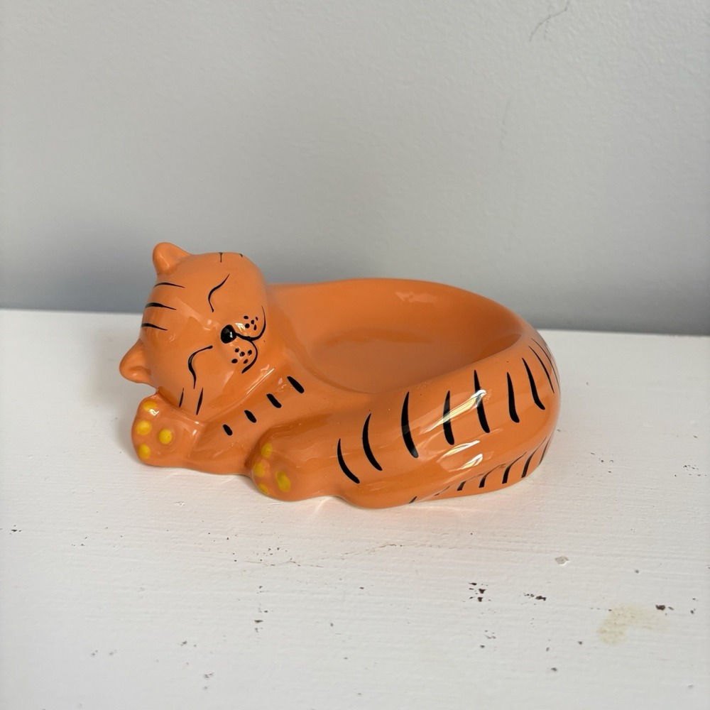 Cat Trinket Candy Dish Jewelry Multi Use Orange Black Stripe Hand Painted Y2K